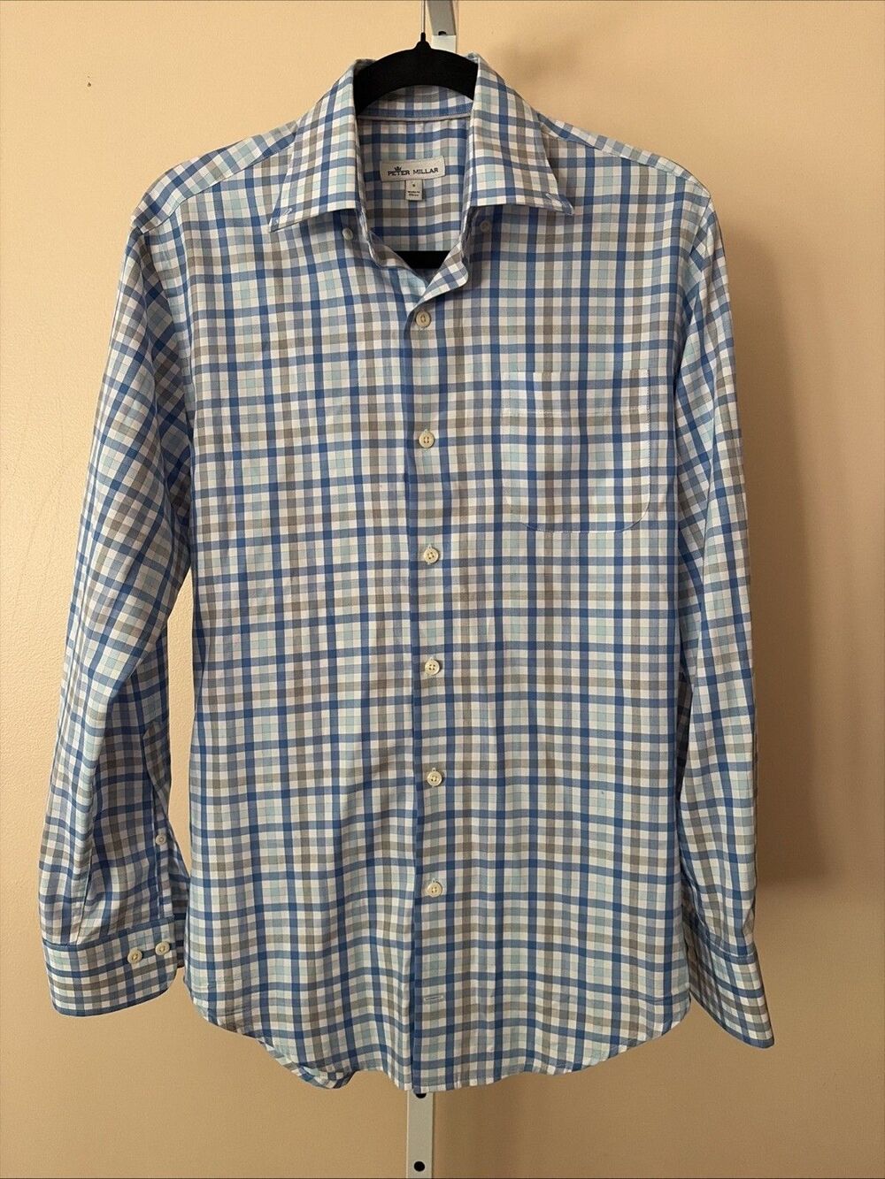PETER MILLAR Long Sleeve Plaid Button Up White Blue Checkered S Preppy Summer